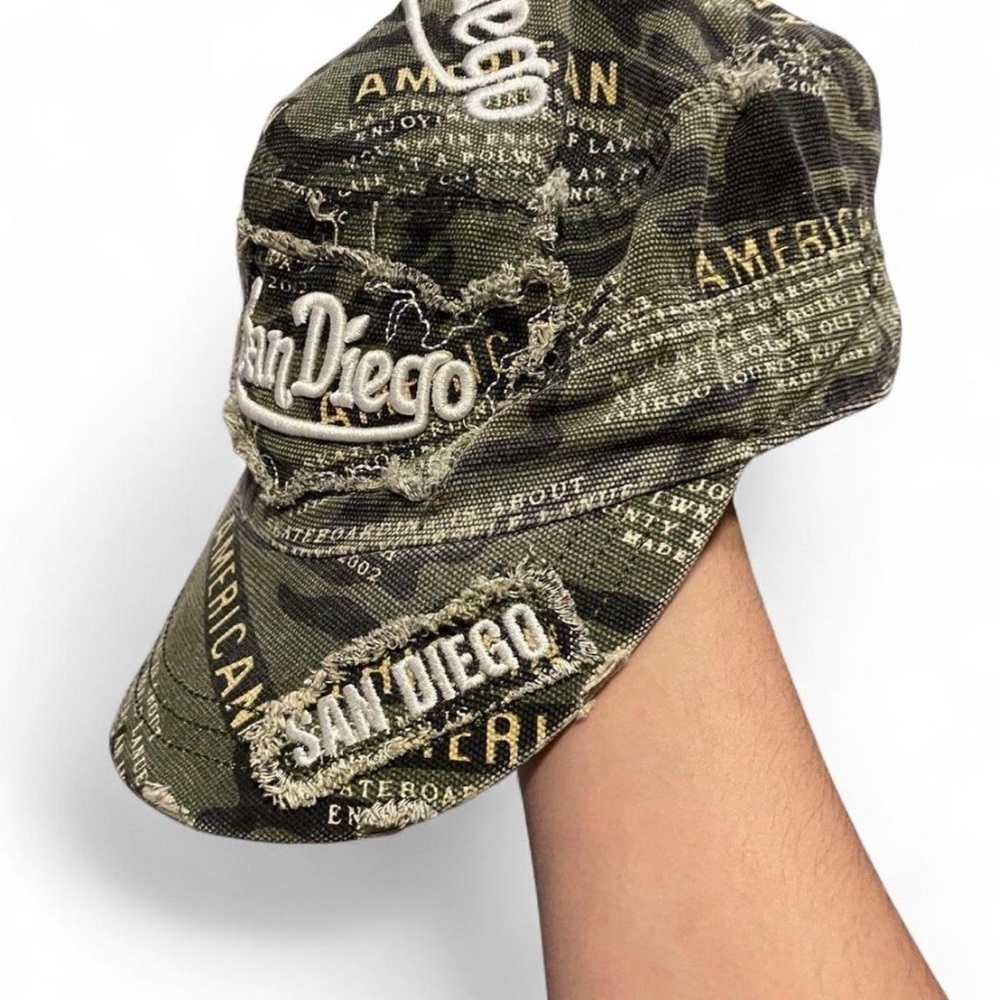 SOLD - Vintage Sam's Headwear San Diego Embroidered Distressed Camo Painter Cap